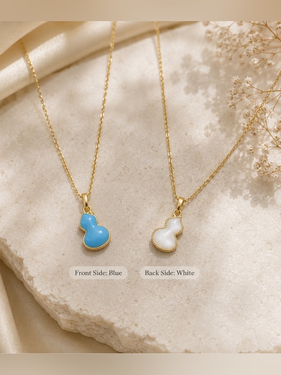Jewelry - Double-Sided Dainty Gold lucky Gourd Necklace | Mother of Pearl & Blue Enamel